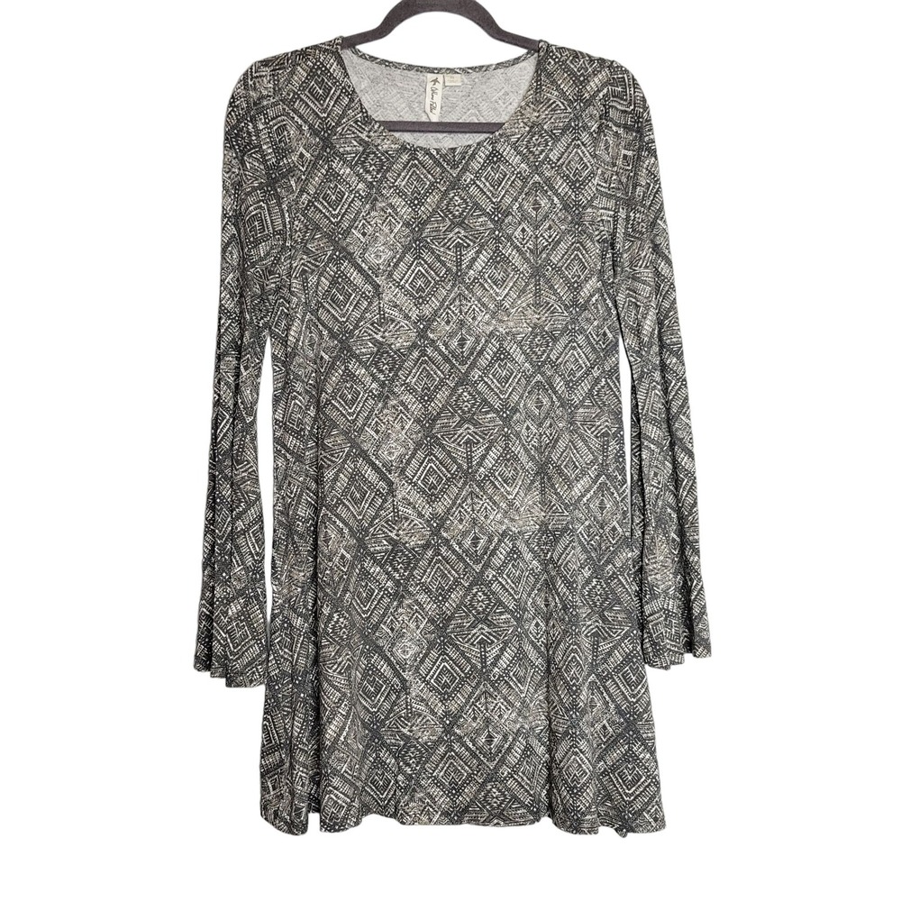Others‎ Follow Hippie Festival Geometric Print Bell Sleeve Swing Dress Gray S